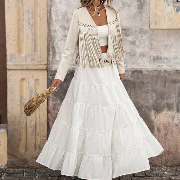 beige Casual Women's Fringe Trim Open Front Jacket - Picture 6 of 8